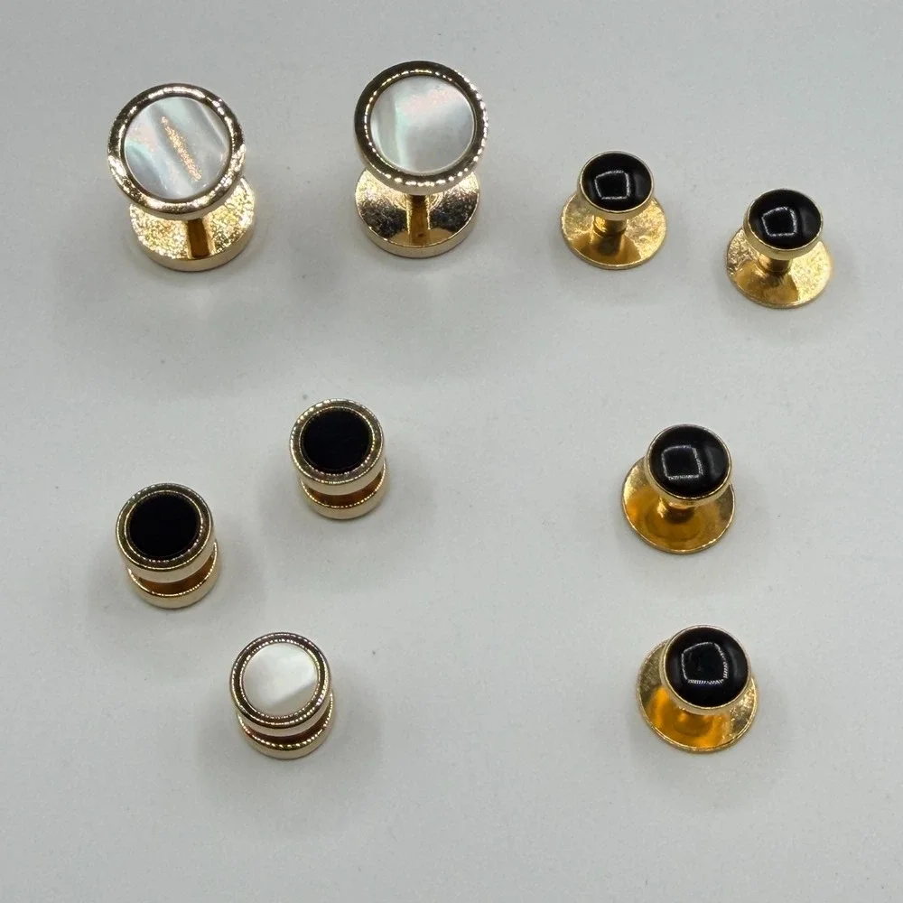 Gold Tone Tuxedo Stud Cufflink Set Black Mother of Pearl Formal Dress Shirt
